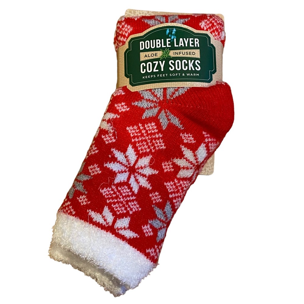 Airplus Red Snowflake Double Layer Aloe Infused Cozy Women Size 5-10 Socks NWT